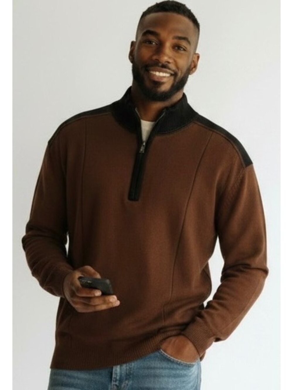 CUTTER & BUCK Brown + Black Men's 1/4 Zip Faux-Suede Knit Sweater Size XL